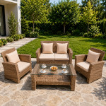 Set mobilier gradina santorini, 4 piese, fotolii, canapea, masuta de cafea, poliratan bej