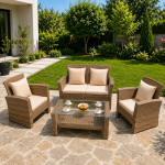 Set mobilier gradina santorini, 4 piese, fotolii, canapea, masuta de cafea, poliratan bej