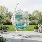 Fotoliu suspendat premium tip cuib, cadru metalic alb, perne aqua, 103x107x195 cm, maxim 120 kg