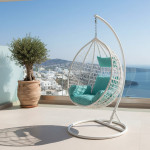 Fotoliu suspendat premium tip cuib, cadru metalic alb, perne aqua, 103x107x195 cm, maxim 120 kg