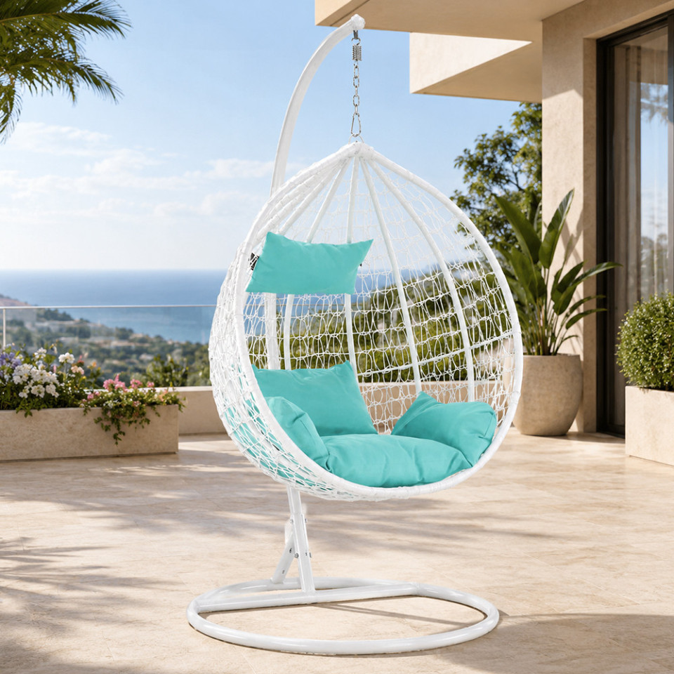Fotoliu suspendat premium tip cuib, cadru metalic alb, perne aqua, 103x107x195 cm, maxim 120 kg