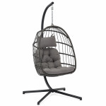 Fotoliu suspendat tip ou, pliabil, cu suport, poliratan pe, cadru metalic, perne incluse, gri antracit, 62x71x195 cm