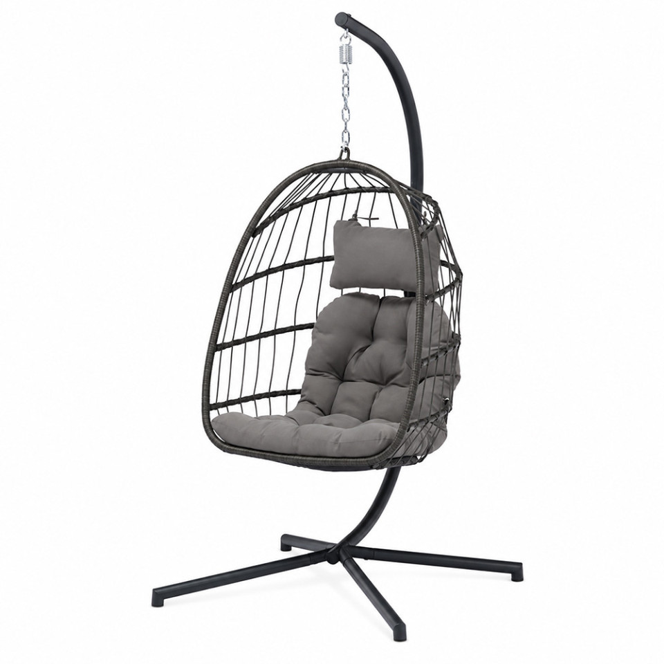 Fotoliu suspendat tip ou, pliabil, cu suport, poliratan pe, cadru metalic, perne incluse, gri antracit, 62x71x195 cm