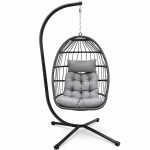 Fotoliu suspendat tip ou, pliabil, cu suport, poliratan pe, cadru metalic, perne incluse, gri antracit, 62x71x195 cm