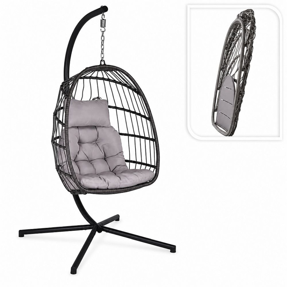 Fotoliu suspendat tip ou, pliabil, cu suport, poliratan pe, cadru metalic, perne incluse, gri antracit, 62x71x195 cm