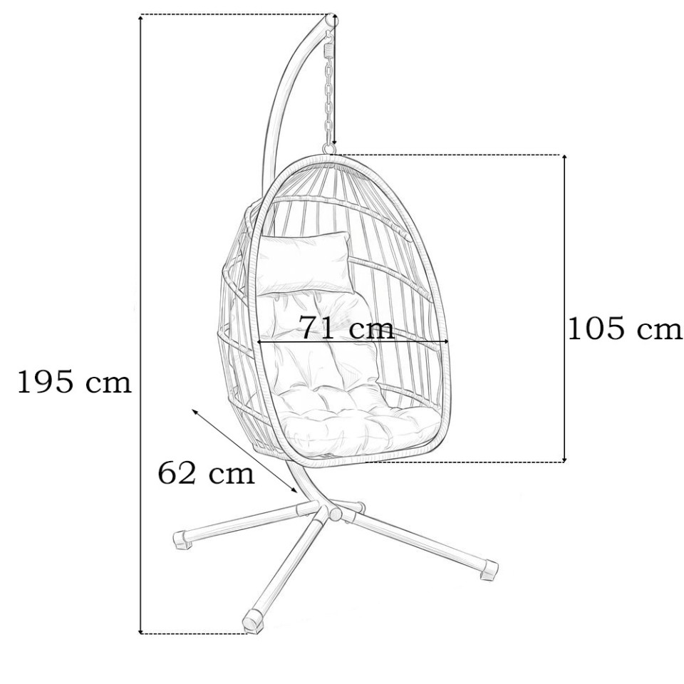 Fotoliu suspendat tip ou, pliabil, cu suport, poliratan pe, cadru metalic, perne incluse, gri antracit, 62x71x195 cm