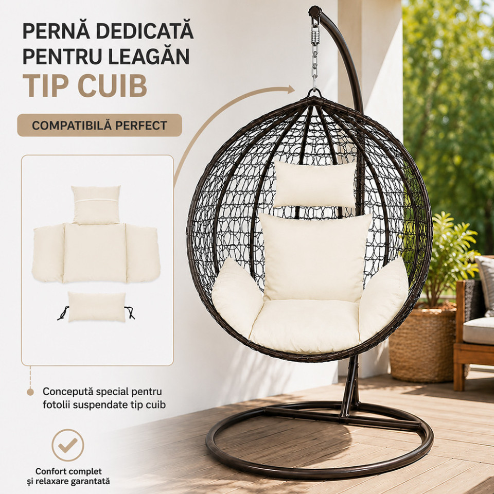 Perna fotoliu suspendat tip cuib, alba, detasabila si lavabila, confort premium