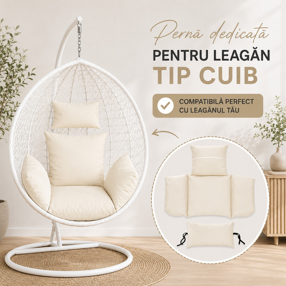 Perna fotoliu suspendat tip cuib, alba, detasabila si lavabila, confort premium