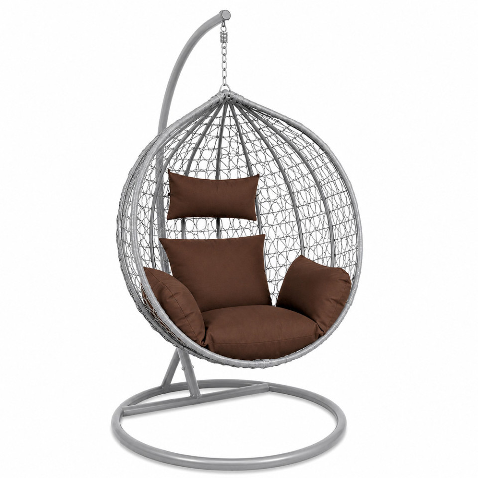 Fotoliu suspendat oval, perna si tetiera, structura otel, gri antracit/maro, 103x107x195 cm