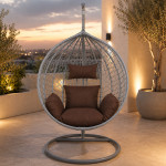 Fotoliu suspendat oval, perna si tetiera, structura otel, gri antracit/maro, 103x107x195 cm