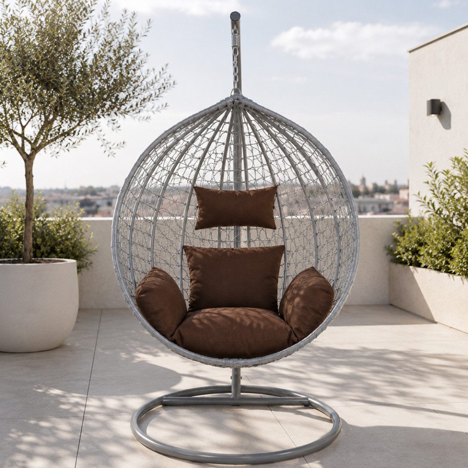 Fotoliu suspendat oval, perna si tetiera, structura otel, gri antracit/maro, 103x107x195 cm