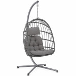 Fotoliu suspendat tip ou, pliabil, cu suport, poliratan pe, cadru metalic, perne incluse, gri antracit, 62x71x195 cm