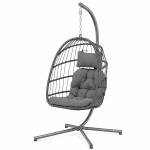 Fotoliu suspendat tip ou, pliabil, cu suport, poliratan pe, cadru metalic, perne incluse, gri antracit, 62x71x195 cm