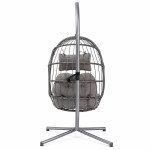 Fotoliu suspendat tip ou, pliabil, cu suport, poliratan pe, cadru metalic, perne incluse, gri antracit, 62x71x195 cm