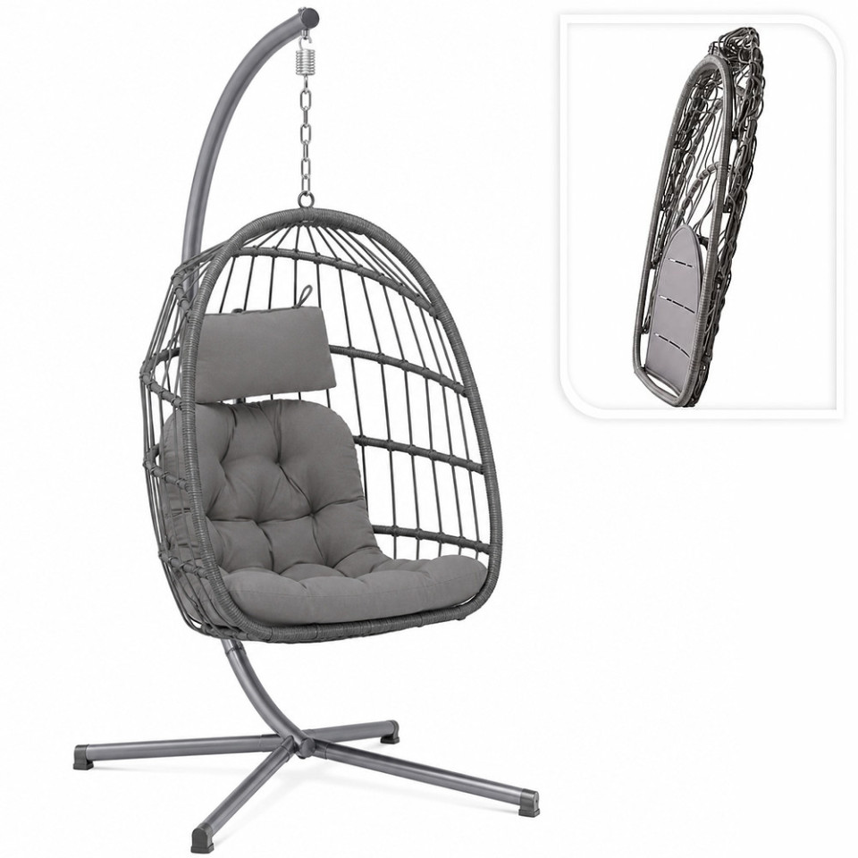 Fotoliu suspendat tip ou, pliabil, cu suport, poliratan pe, cadru metalic, perne incluse, gri antracit, 62x71x195 cm
