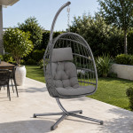 Fotoliu suspendat tip ou, pliabil, cu suport, poliratan pe, cadru metalic, perne incluse, gri antracit, 62x71x195 cm