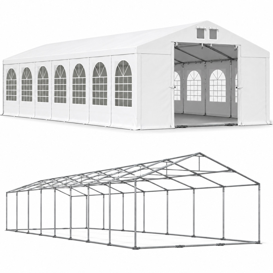Cort evenimente 6x14x3.7 m, pvc ignifugat, cadru otel galvanizat, 84 mp, alb