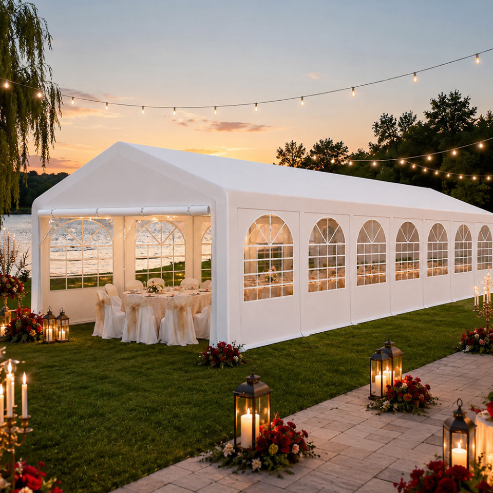 Cort evenimente 6x14x3.7 m, pvc ignifugat, cadru otel galvanizat, 84 mp, alb