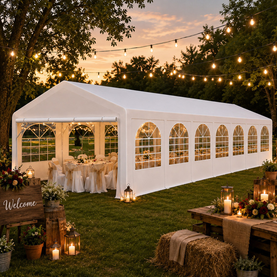 Cort evenimente 6x14x3.7 m, pvc ignifugat, cadru otel galvanizat, 84 mp, alb