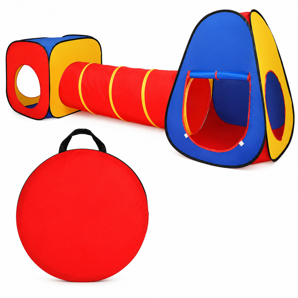 Cort de joaca pentru copii, 3 in 1, pliabil, tunel legatura, 300x80x86 cm, poliester, geanta transport