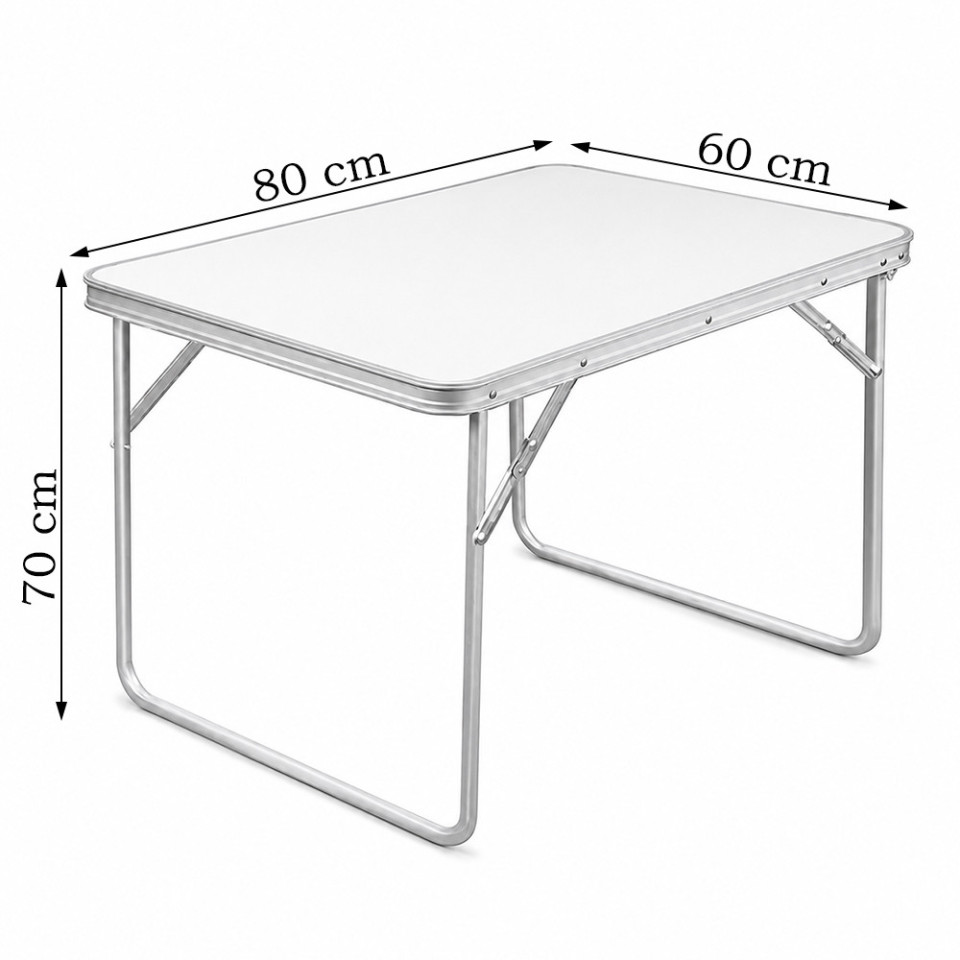 Masa pliabila pentru camping, 80x60x70 cm, blat laminat, cadru aluminiu, alb gri