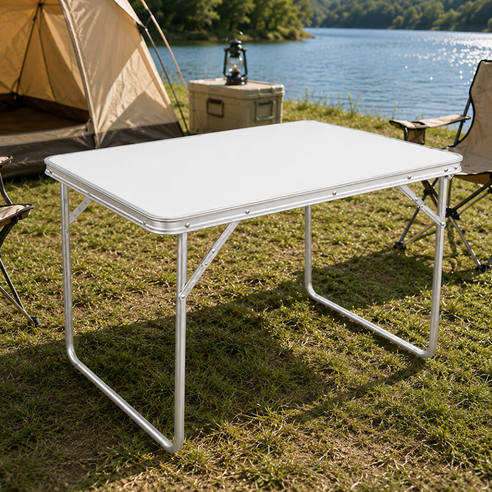 Masa pliabila pentru camping, 80x60x70 cm, blat laminat, cadru aluminiu, alb gri