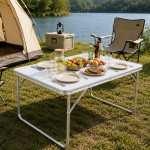 Masa pliabila pentru camping, 80x60x70 cm, blat laminat, cadru aluminiu, alb gri