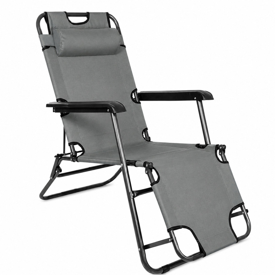 Sezlong pliabil tip scaun, pentru camping sau plaja, cotiere pvc, tetiera detasabila, 153x60x79 cm