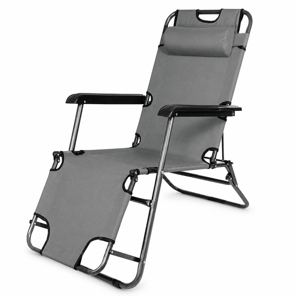 Sezlong pliabil tip scaun, pentru camping sau plaja, cotiere pvc, tetiera detasabila, 153x60x79 cm