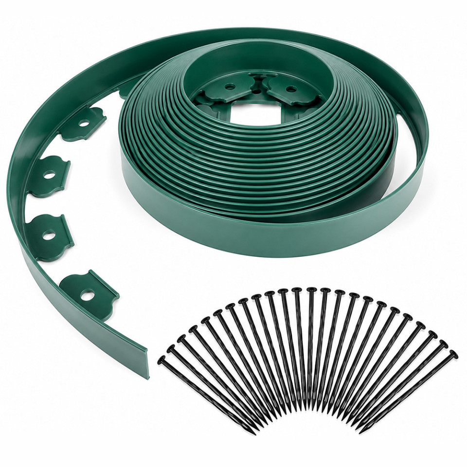 Separator gazon, lungime 10 metri, latime 5 cm, 30 pini montaj, culoare verde