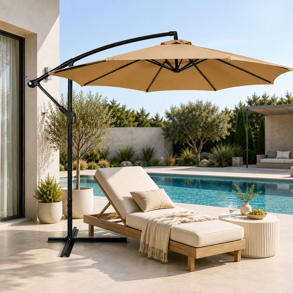 Umbrela de gradina diametru 300 cm, suport tip picior, reglabila, impermeabila, cadru otel, tan