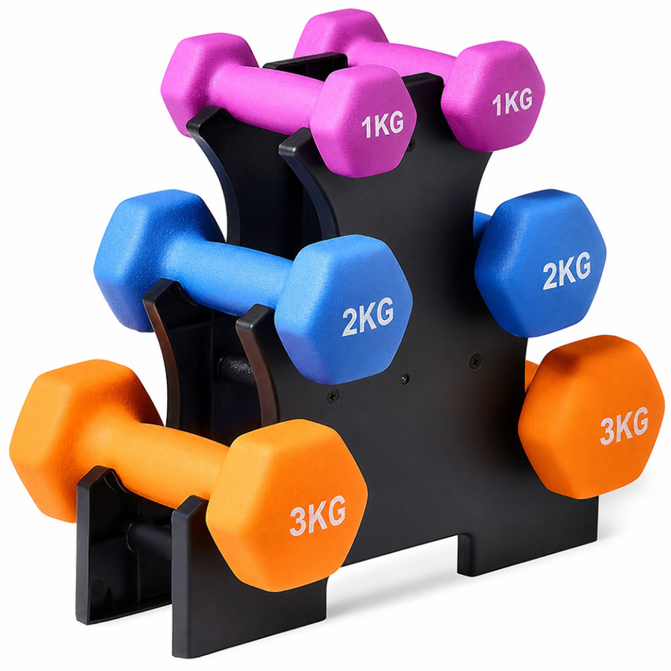 Set gantere fitness 12 kg cu suport 3 nivele, 6 gantere vinil 1/2/3 kg, home gym & fitness