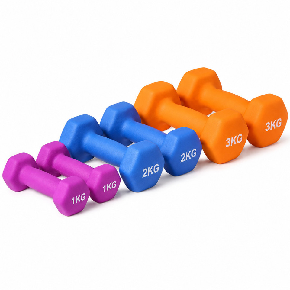Set gantere fitness 12 kg cu suport 3 nivele, 6 gantere vinil 1/2/3 kg, home gym & fitness