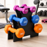 Set 6 gantere fitness 12 kg cu suport 3 nivele, vinil, 1/2/3 kg, home gym & fitness