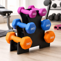 Set gantere fitness 12 kg cu suport 3 nivele, 6 gantere vinil 1/2/3 kg, home gym & fitness