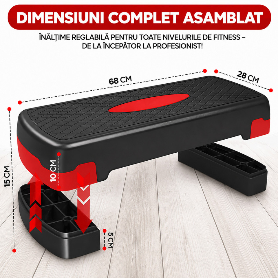 Stepper aerobic reglabil pe inaltime 2 niveluri, platforma fitness antiderapanta, 68x28x10/15 cm