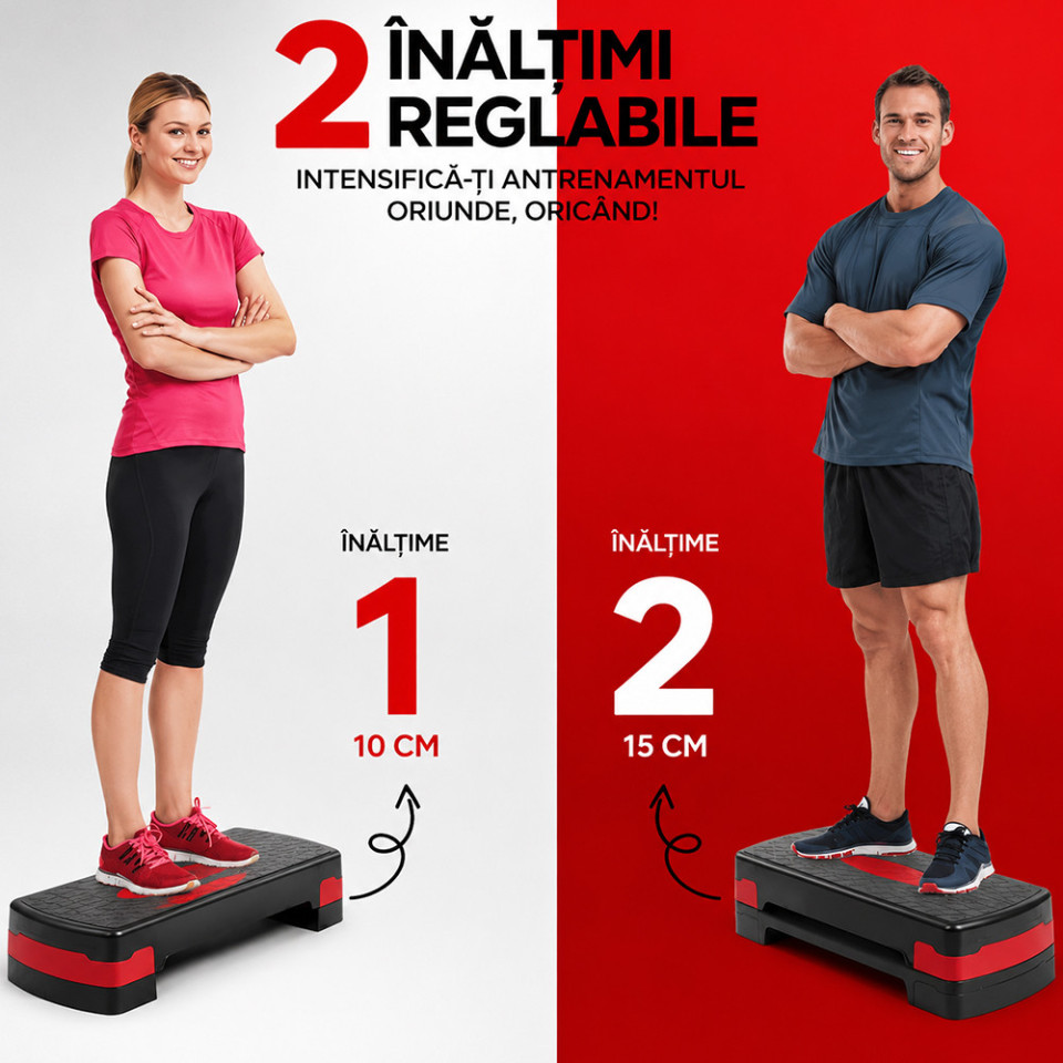 Stepper aerobic reglabil pe inaltime 2 niveluri, platforma fitness antiderapanta, 68x28x10/15 cm