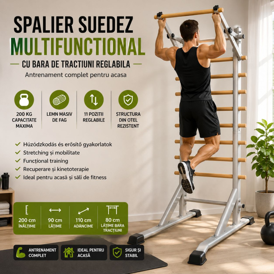 Spalier suedez multifunctional cu bara de tractiuni reglabila, lemn masiv de fag, cadru otel, 200 kg, 200 x 90 x 110 cm