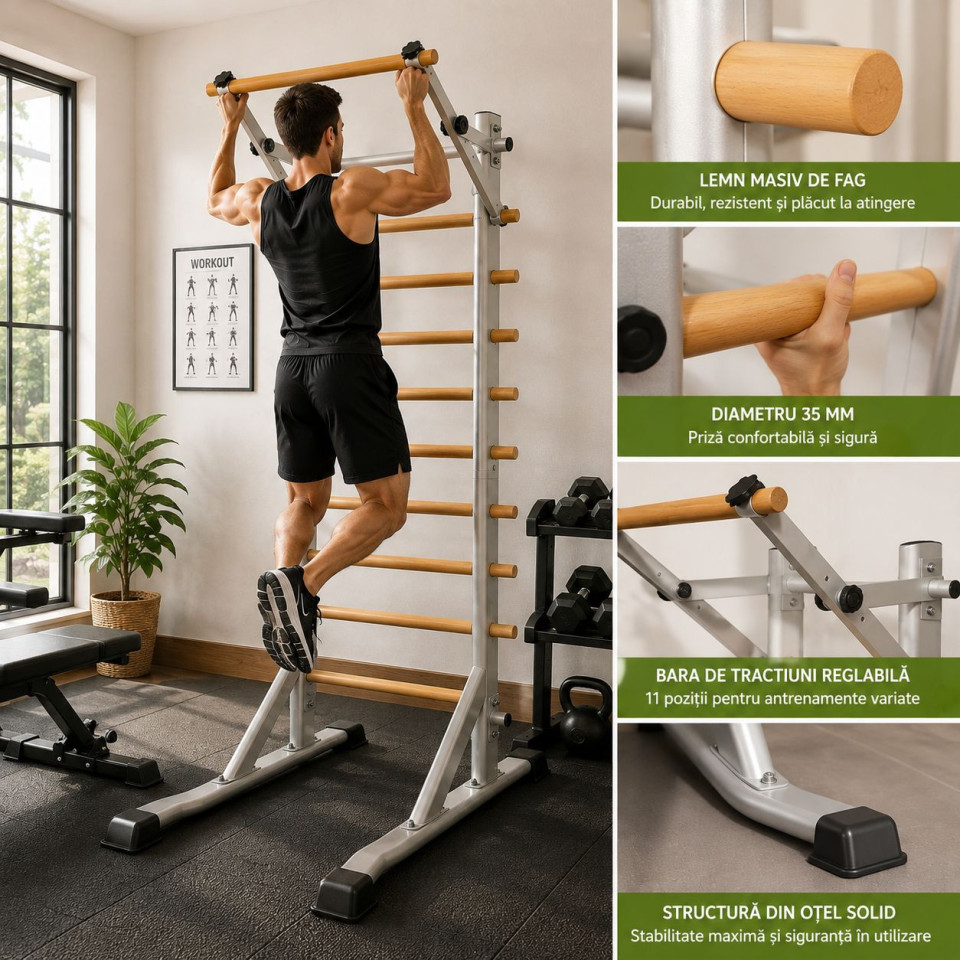 Spalier suedez multifunctional cu bara de tractiuni reglabila, lemn masiv de fag, cadru otel, 200 kg, 200 x 90 x 110 cm