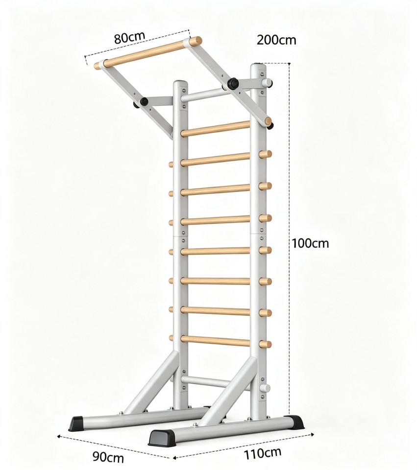 Spalier suedez multifunctional cu bara de tractiuni reglabila, lemn masiv de fag, cadru otel, 200 kg, 200 x 90 x 110 cm
