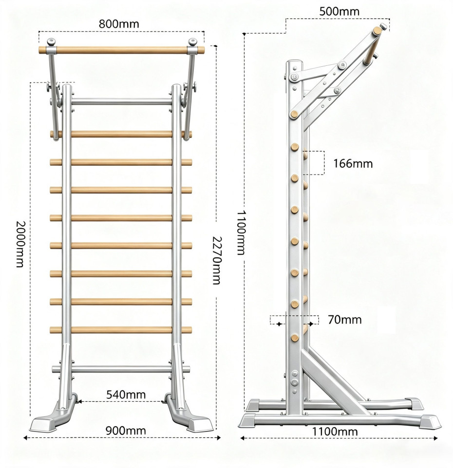 Spalier suedez multifunctional cu bara de tractiuni reglabila, lemn masiv de fag, cadru otel, 200 kg, 200 x 90 x 110 cm