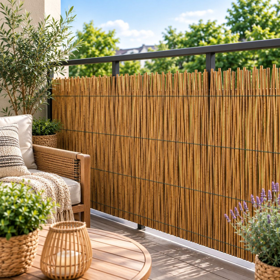Gard din bambus natural 150x150 cm - paravan decorativ din tulpini intregi pentru gradina, terasa si balcon