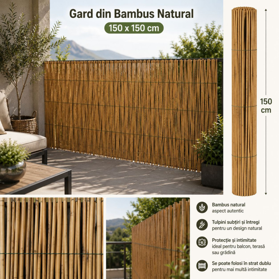 Gard din bambus natural 150x150 cm - paravan decorativ din tulpini intregi pentru gradina, terasa si balcon