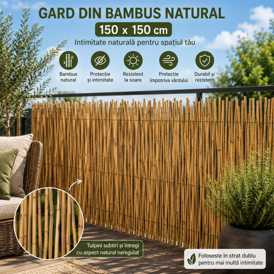 Gard din bambus natural 150x150 cm - paravan decorativ din tulpini intregi pentru gradina, terasa si balcon