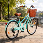 Bicicleta dama, 24 inch, 6 viteze, cos detasabil, portbagaj, v-brake, sonerie, turcoaz, procart