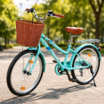 Bicicleta dama, 24 inch, 6 viteze, cos detasabil, portbagaj, v-brake, sonerie, turcoaz, procart