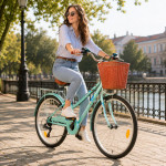 Bicicleta dama, 24 inch, 6 viteze, cos detasabil, portbagaj, v-brake, sonerie, turcoaz, procart