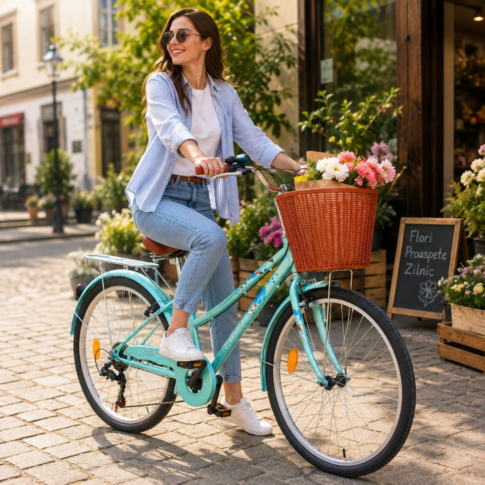 Bicicleta dama, 24 inch, 6 viteze, cos detasabil, portbagaj, v-brake, sonerie, turcoaz, procart