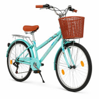 Bicicleta dama, 24 inch, 6 viteze, cos detasabil, portbagaj, v-brake, sonerie, turcoaz, procart