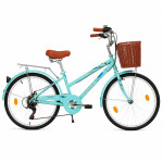 Bicicleta dama, 24 inch, 6 viteze, cos detasabil, portbagaj, v-brake, sonerie, turcoaz, procart